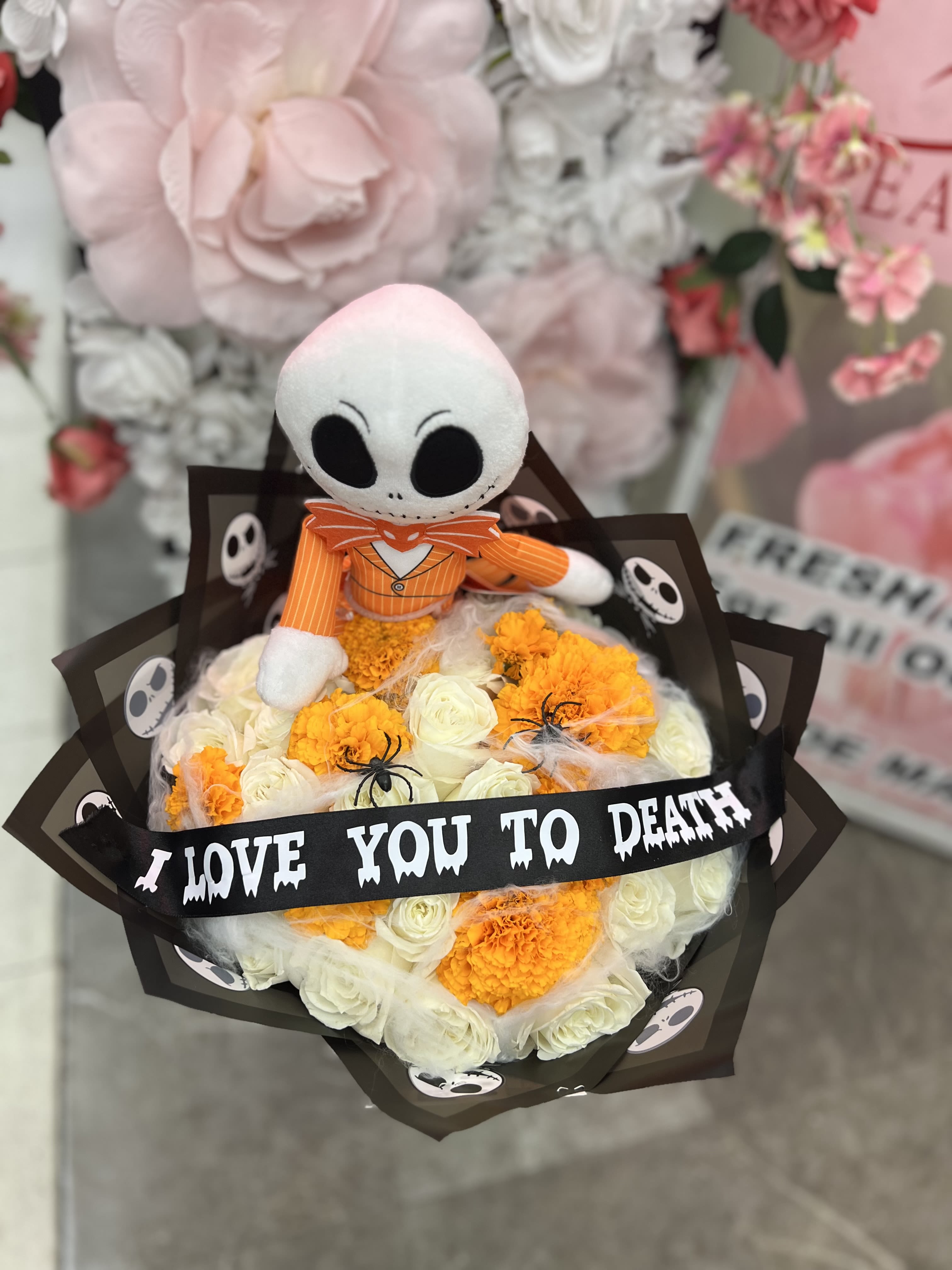 Jack Orange and white bouquet  - 25 and some marigold with the plushy and the ribbon included 