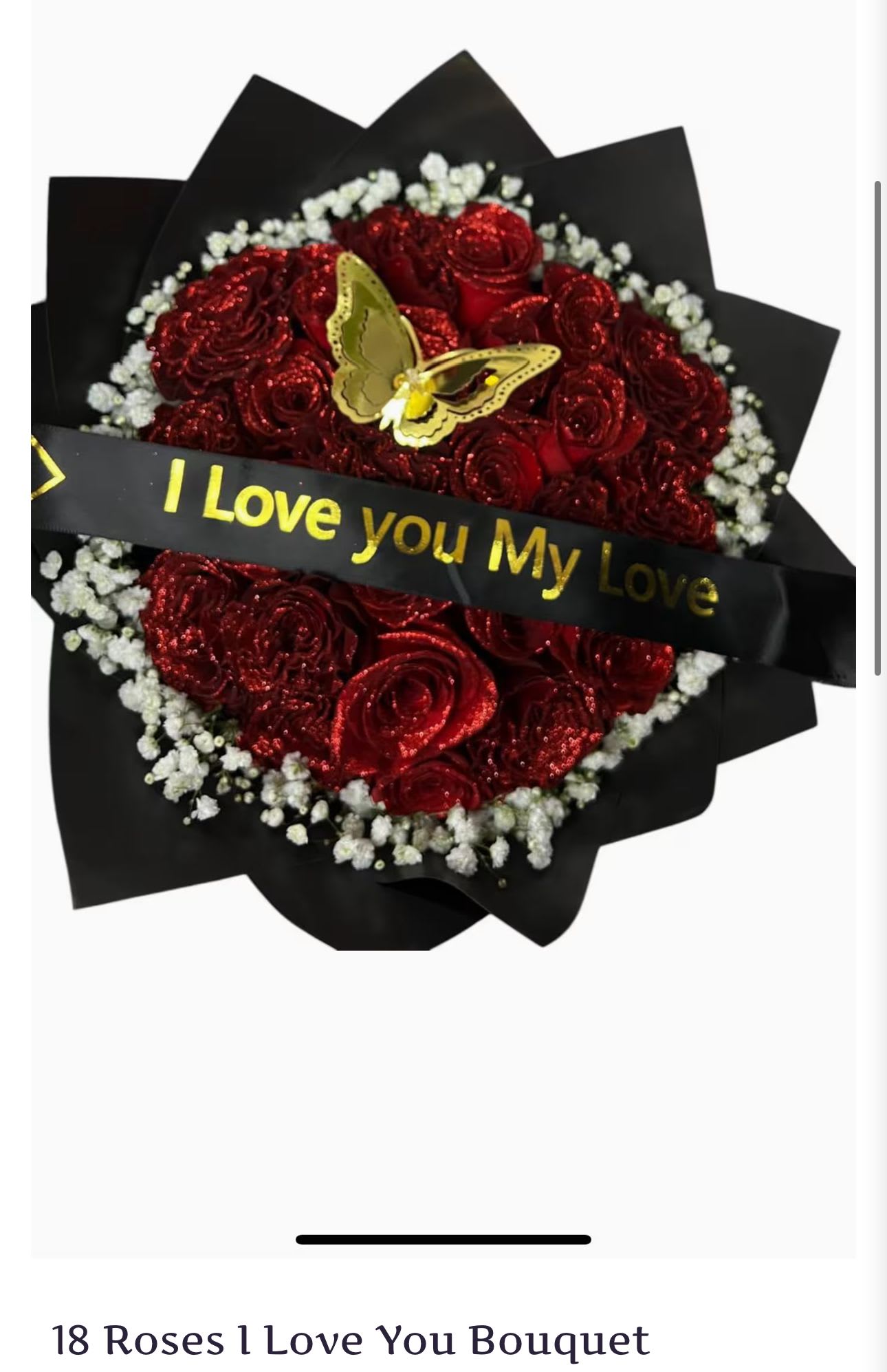 Red rose bouquet with a gold butterfly and a black ribbon reading I Love you My Love