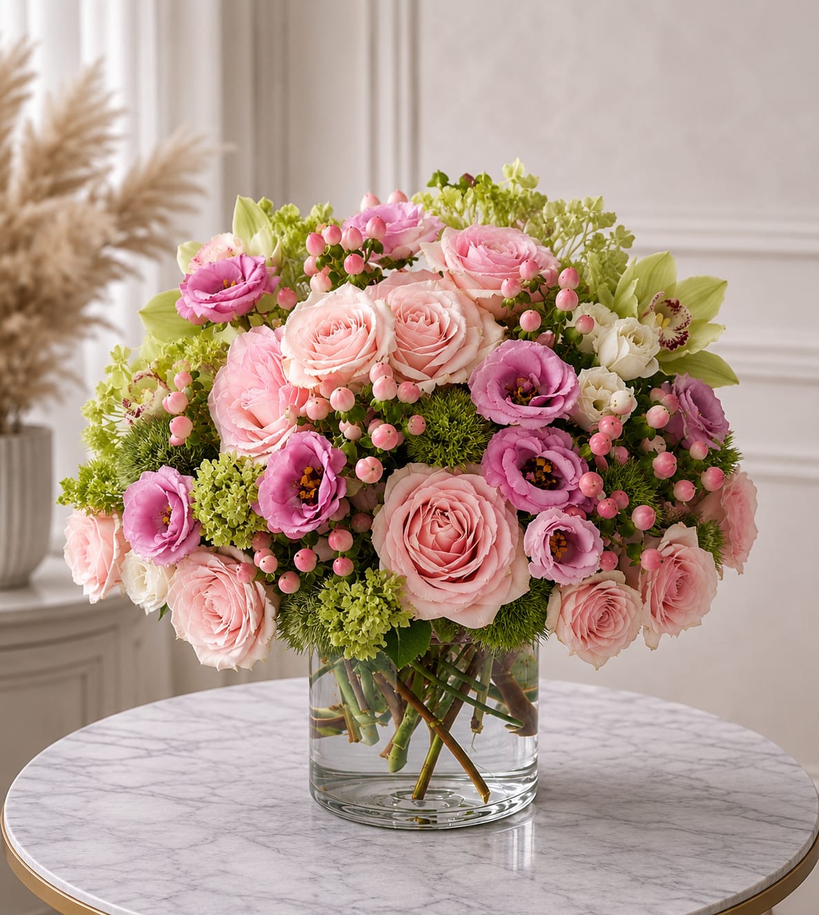 Blush Reverie - A romantic garden-style arrangement designed in soft shades of blush, ballet pink, and delicate mauve, Blush Reverie is the kind of piece that instantly softens a room. Featuring lush pink roses, airy lisianthus, fluffy green hydrangeas, textured dianthus and cymbidium orchids, and playful berry accents arranged in a clear glass vase, this design feels feminine, polished, and effortlessly elegant. It’s perfect for birthdays, baby showers, anniversaries, a sweet “thinking of you,” or simply adding beauty to someone’s day.  Designed with Bloom In Glory’s signature elevated touch, Blush Reverie blends classic romance with a fresh, modern softness—making it a beautiful choice for gifting or styling a space with graceful color and texture. Perfect for birthdays, celebrations, thank-you gifts, baby showers, or just because.    pink flower arrangement, blush floral arrangement, luxury pink roses, romantic flower delivery, feminine floral design, pink rose bouquet in vase, blush and mauve flowers, luxury florist Orlando, elegant pink centerpiece, premium flower arrangement, lisianthus arrangement, birthday flower delivery, anniversary flowers, baby shower flowers, soft pink floral design, romantic roses arrangement, luxury gift flowers, fresh flower arrangement Orlando, Bloom In Glory flowers, garden-style floral arrangement