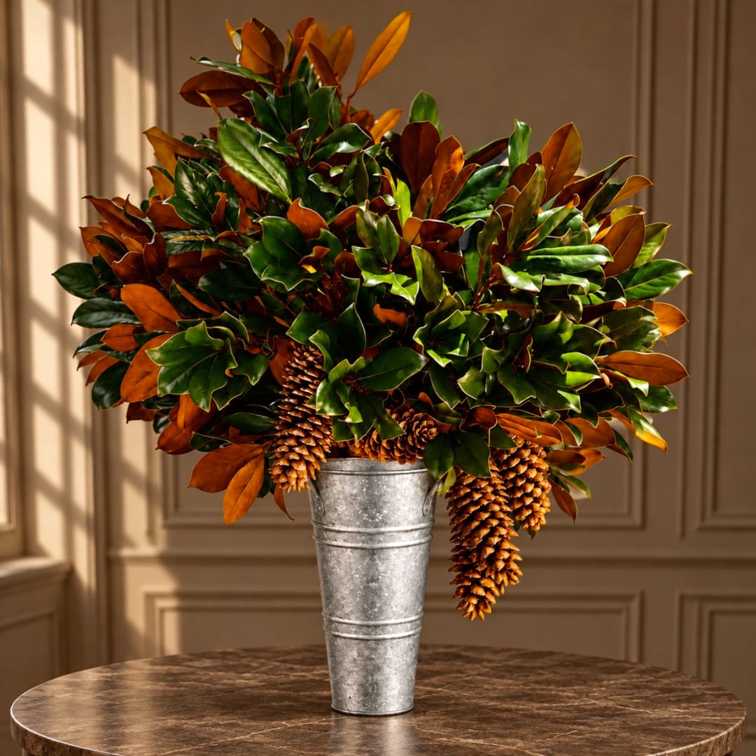 Autumn foliage arrangement in a tall metal vase