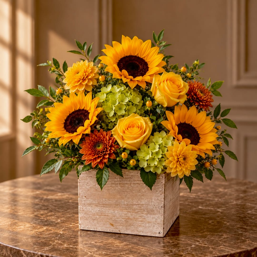 Yellow sunflowers and roses in a square stone vase