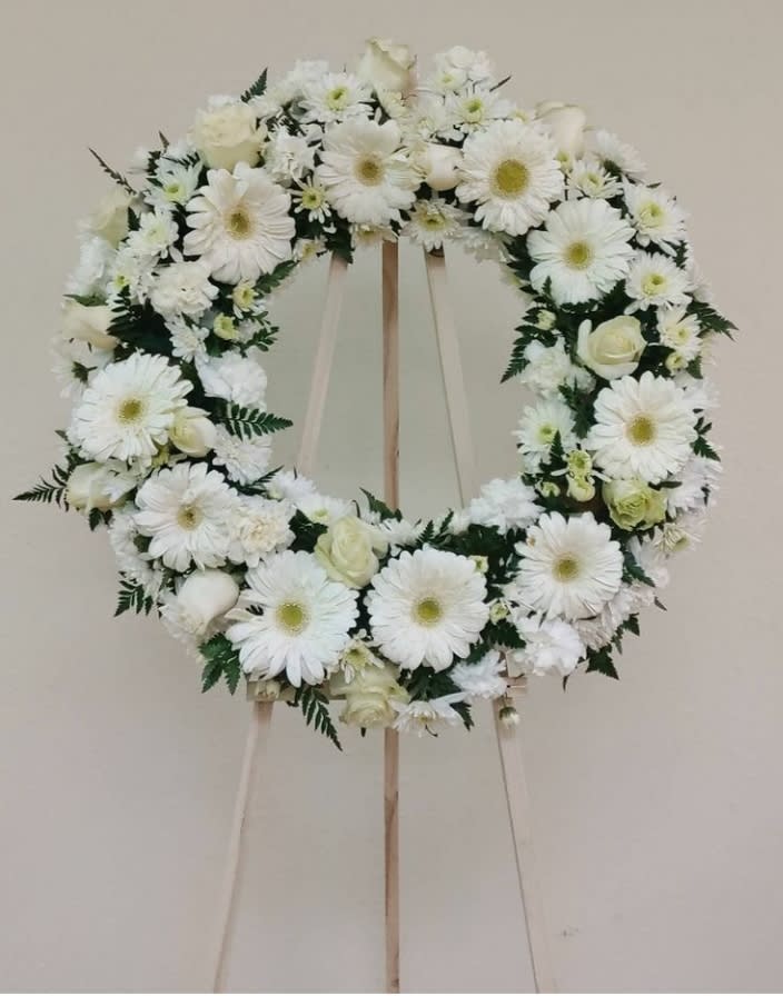 All White Flowers Wreath  - White Roses White Gerberas White Carnations &amp; Fresh Greenery  36"H x 31"L Without Easel