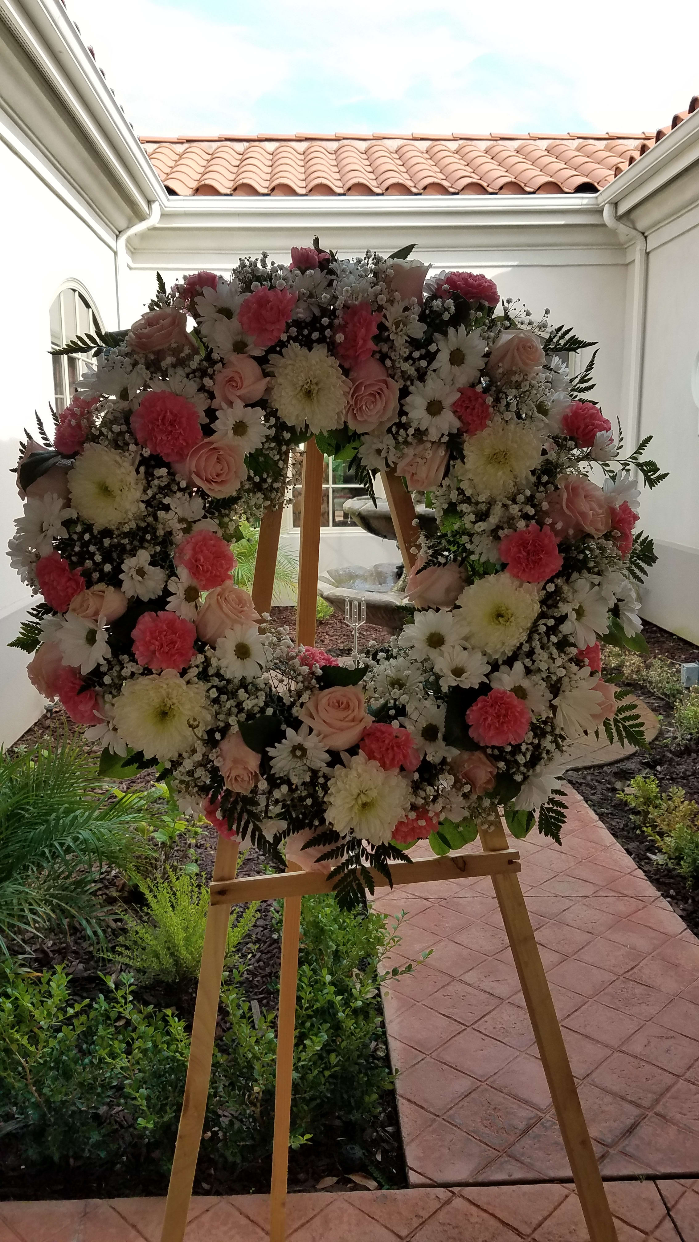 Pink &amp; White Standing Wreath  - Celebrate a life with this pink and white Standing Wreath 