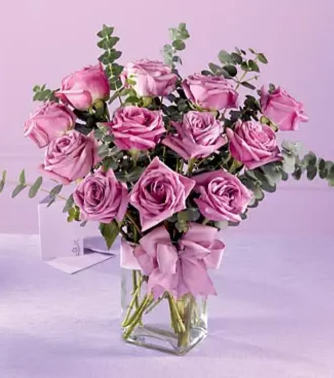 Lavender Roses  - 12 Lavender Roses &amp; eucalyptus in Clear vase 