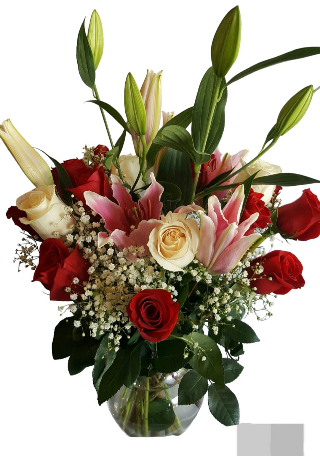 Lily&amp;Rose - Beautiful bouquet with red roses and Pink Lilies. The colors of the flower for your living room 