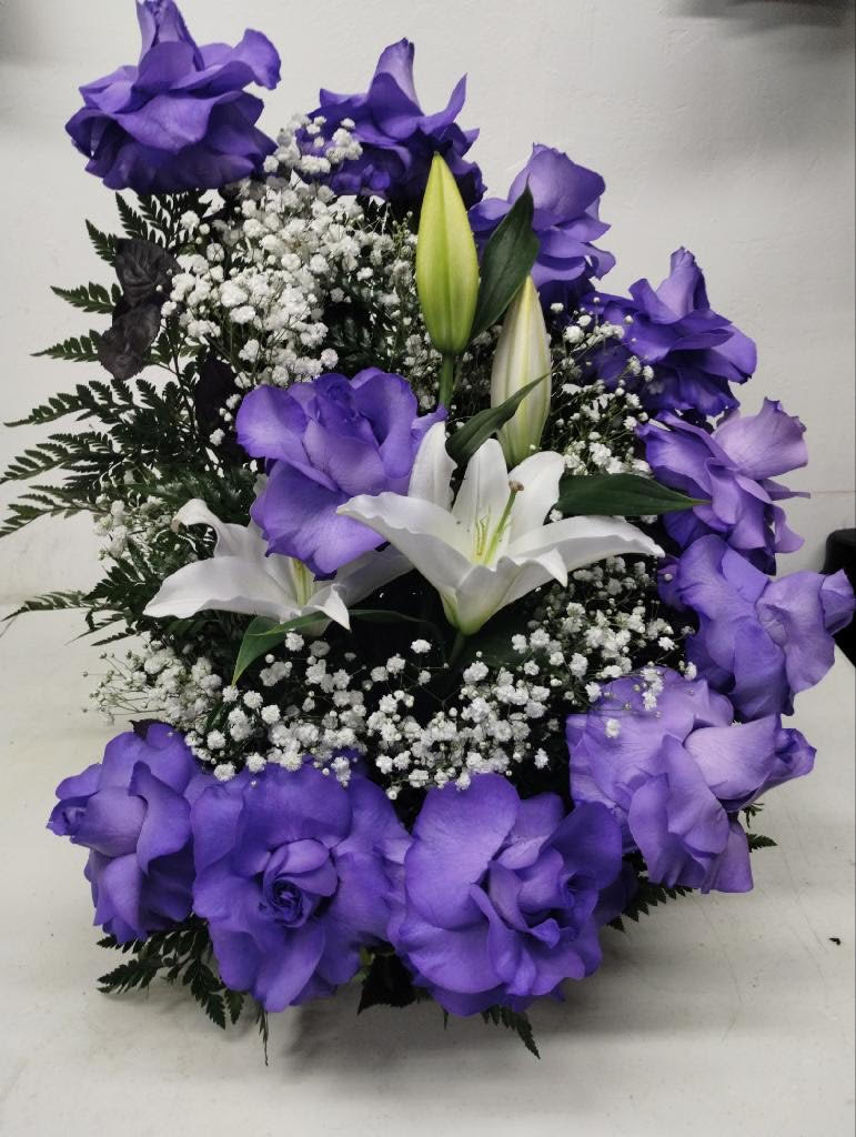 PURPLE MOON  - PURPLE ROSES AND BABY BREATH 
