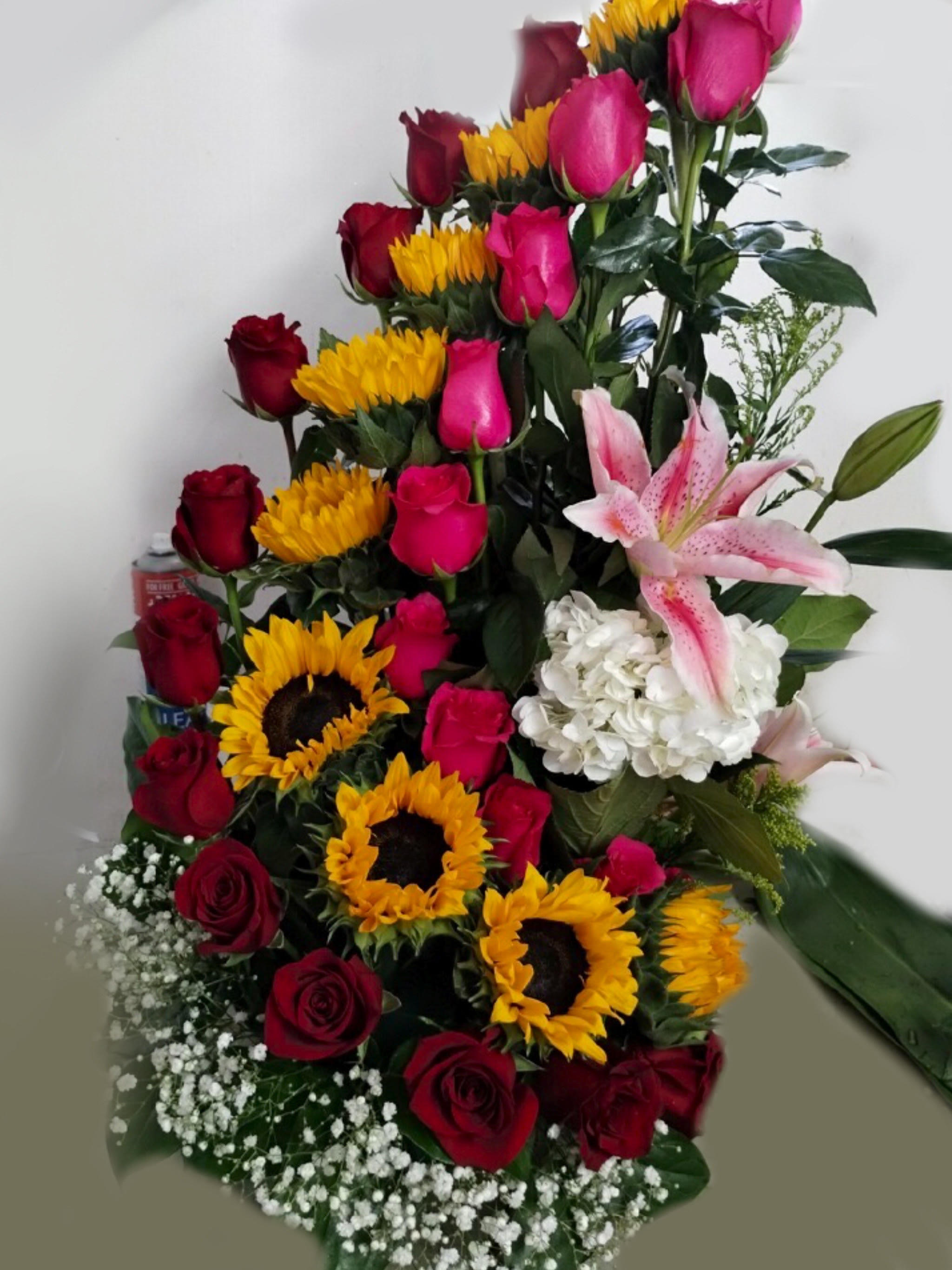 LOVING YOU  - RED ROSES ,SUNFLOWERS,PINK ROSES ,BABY BREATH ,AND ONE PINK LILY 