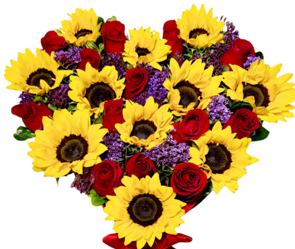 Heart-shaped bouquet of yellow sunflowers and red roses