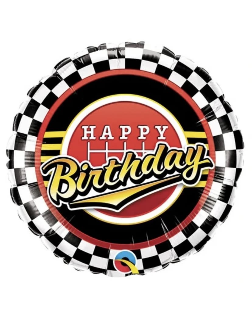 Round birthday balloon with black, white, red, and yellow graphics