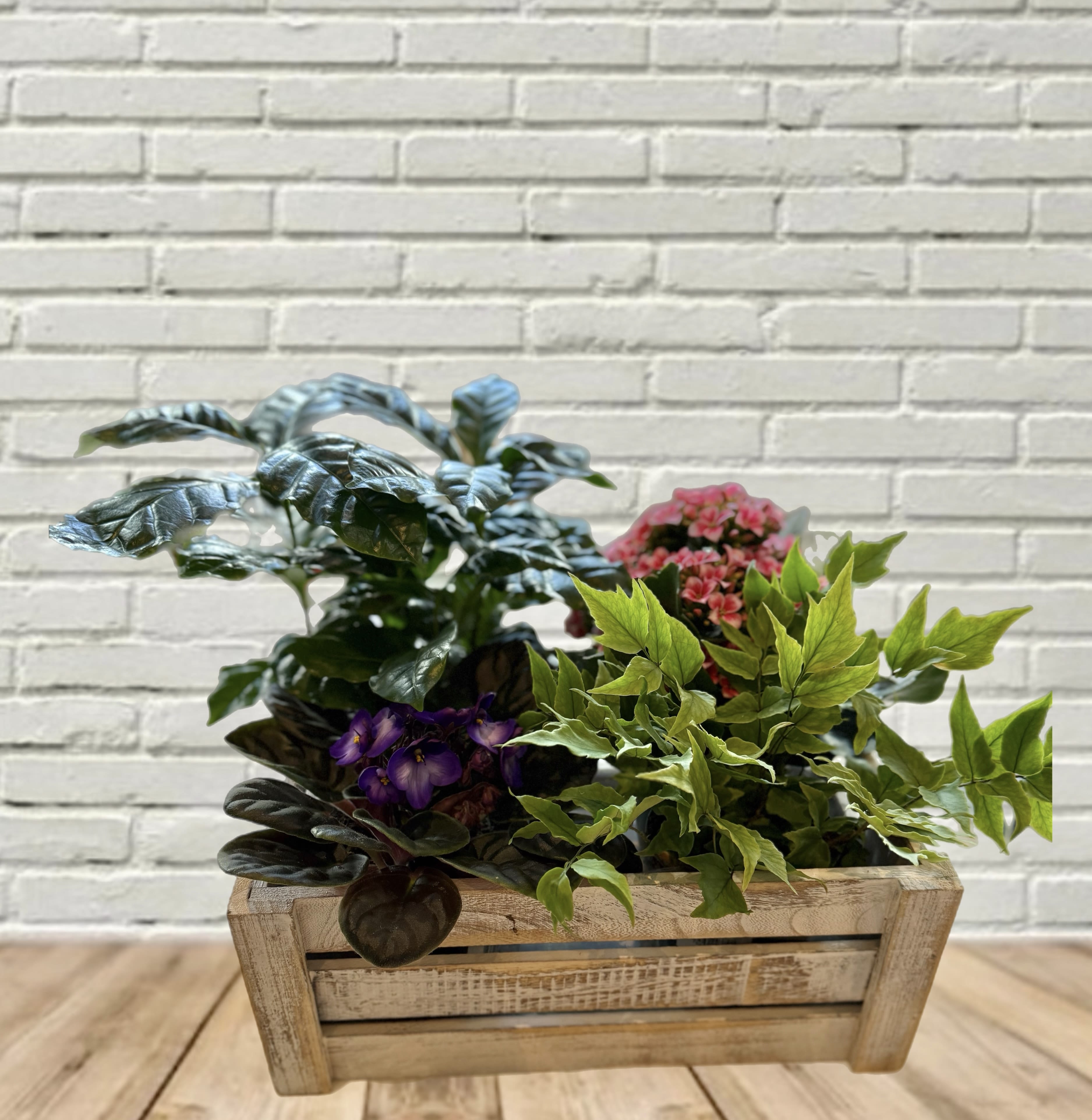 Mixed potted plants and small purple and pink flowers in a wooden planter box
