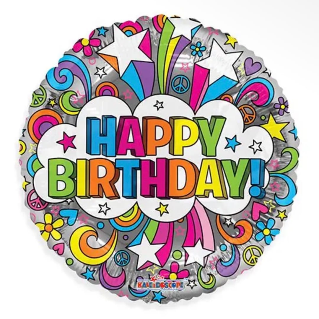 Round birthday balloon with colorful "Happy Birthday" text