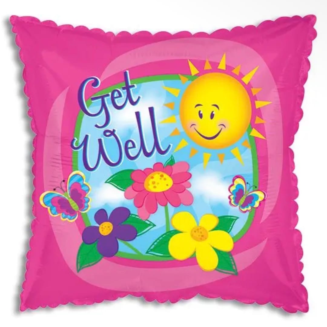 Pink square balloon with "Get Well" text and flowers