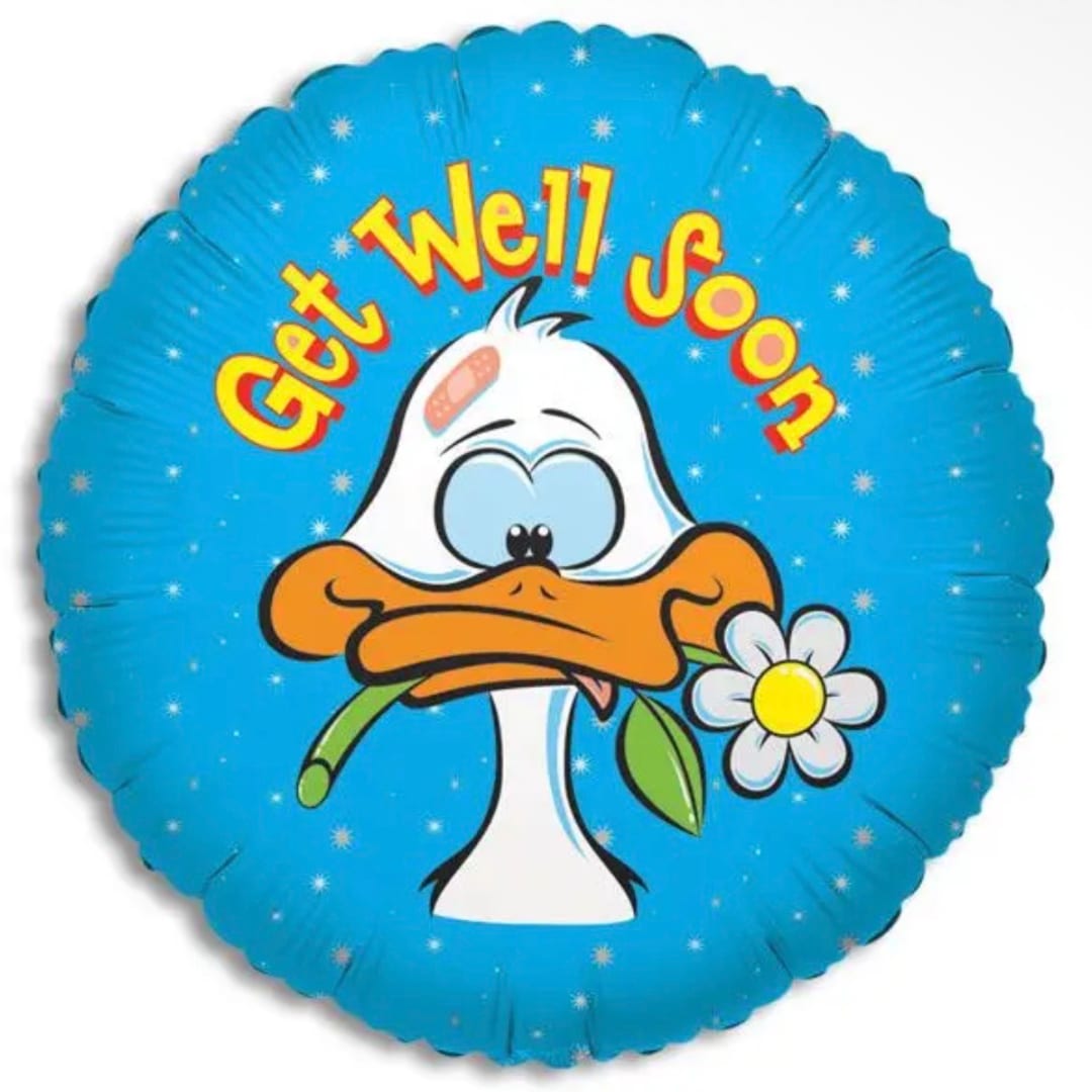 Blue foil balloon with a cartoon duck and the words "Get Well Soon"