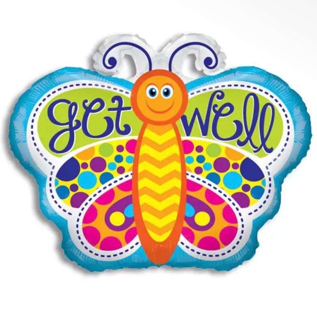Colorful butterfly-shaped balloon with the words "get well"
