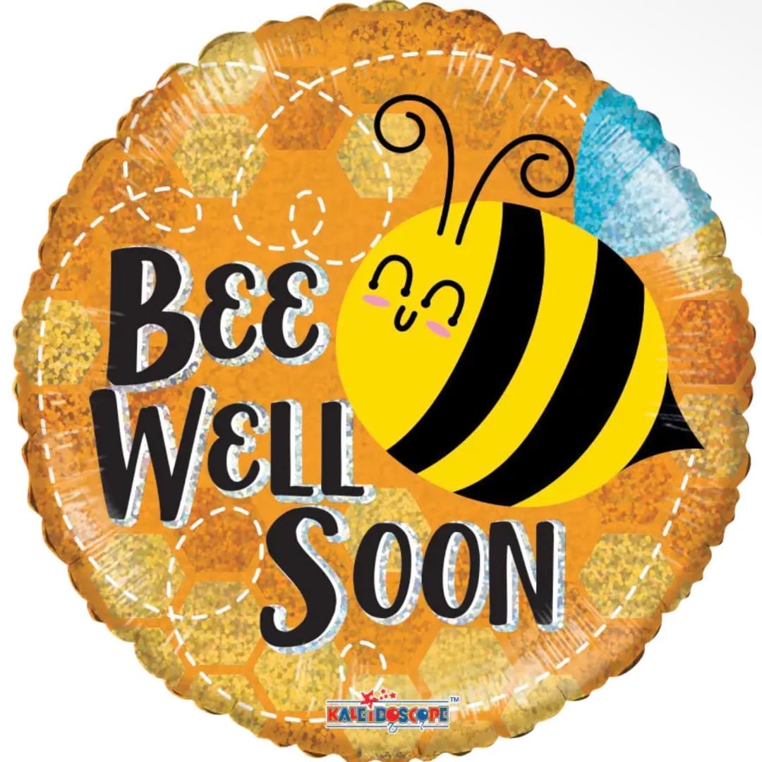 Bee-shaped foil balloon with "Bee Well Soon" text