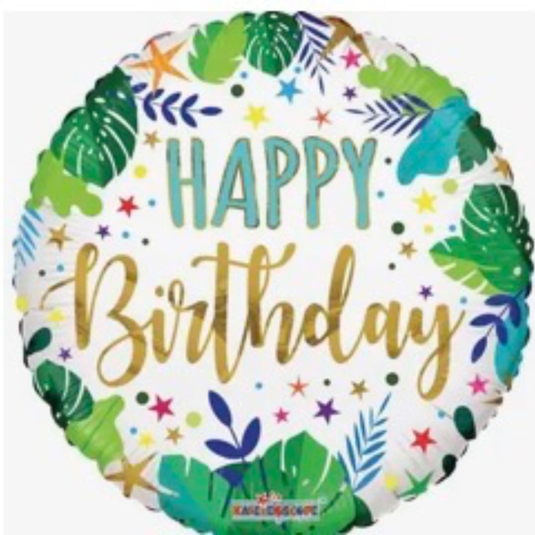 Round birthday balloon with tropical leaf pattern and "Happy Birthday" text