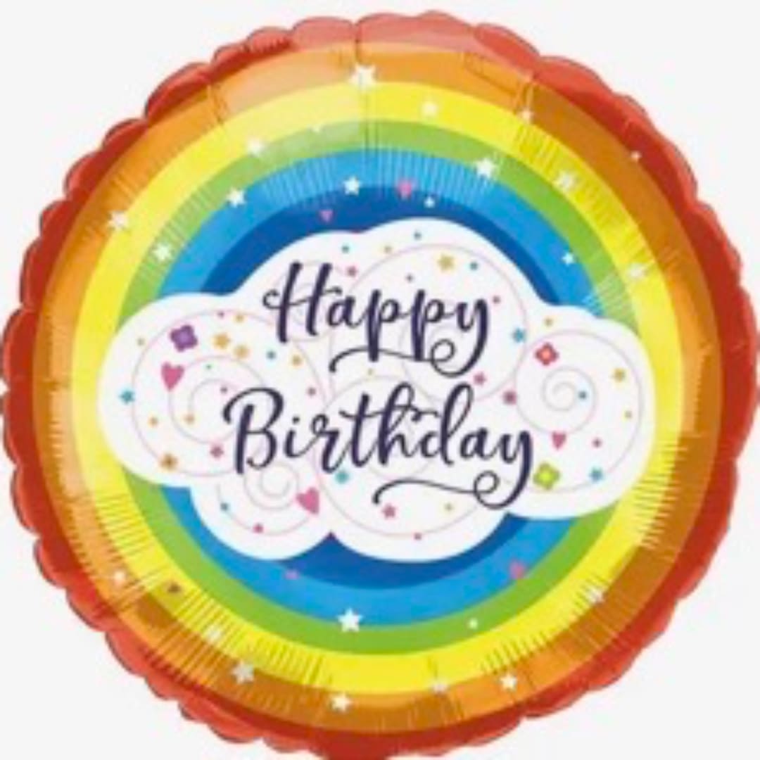 Round rainbow birthday balloon with "Happy Birthday" text