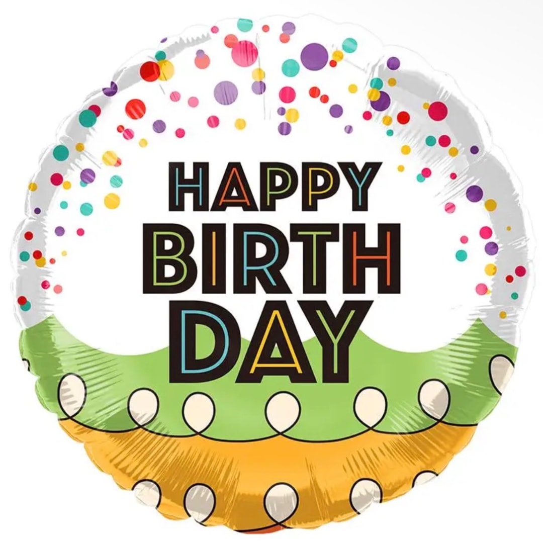 Round birthday balloon with colorful confetti and "Happy Birthday" text