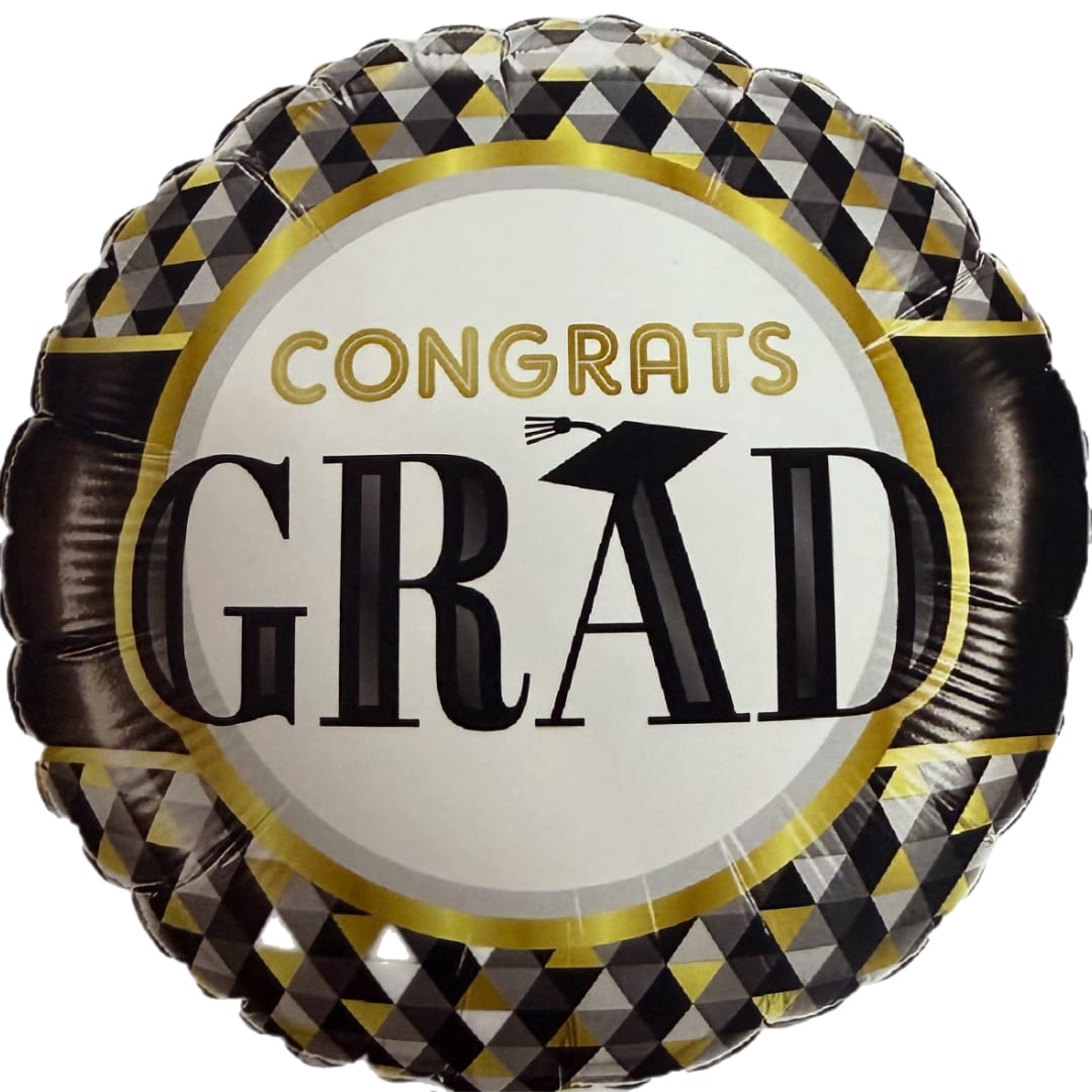 Round graduation balloon with gold and black "Congrats Grad" text
