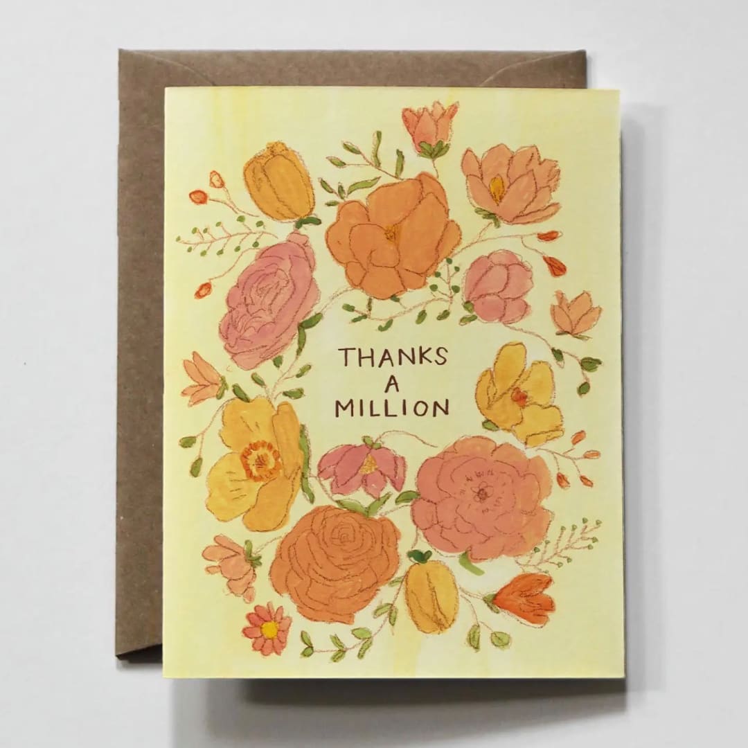 Floral thank-you card with pastel flowers and a brown envelope