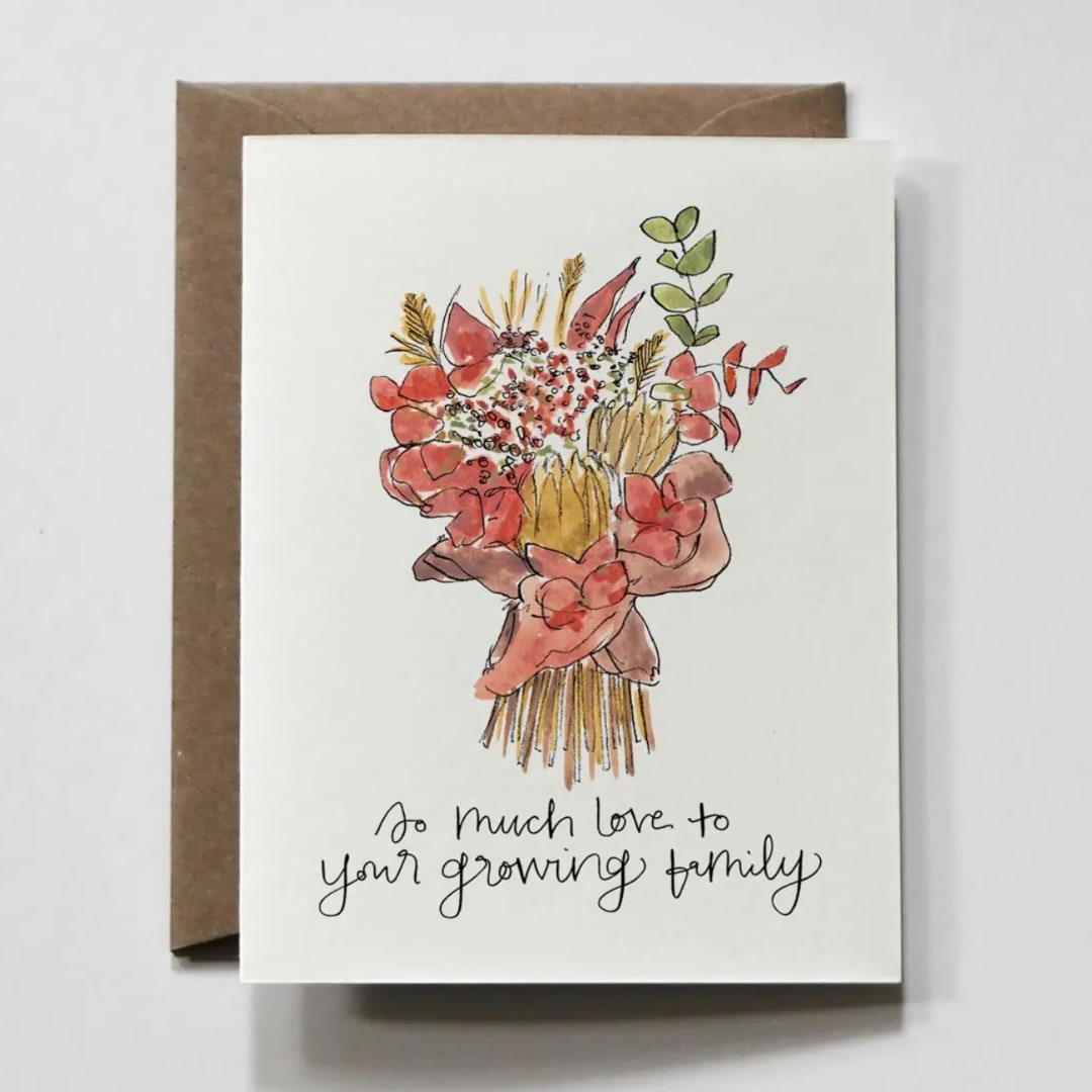 Greeting card with a watercolor bouquet illustration and handwritten text