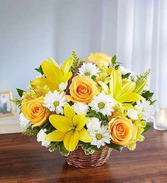 Peace  &amp; Blessings Yellow &amp; White  basket - A gesture of light, hope and optimism during a dark time can be all someone needs to brighten their day. Our sunny yellow and white arrangement, artistically designed inside a keepsake willow basket, is a touching way to convey your support and sincerest blessings.