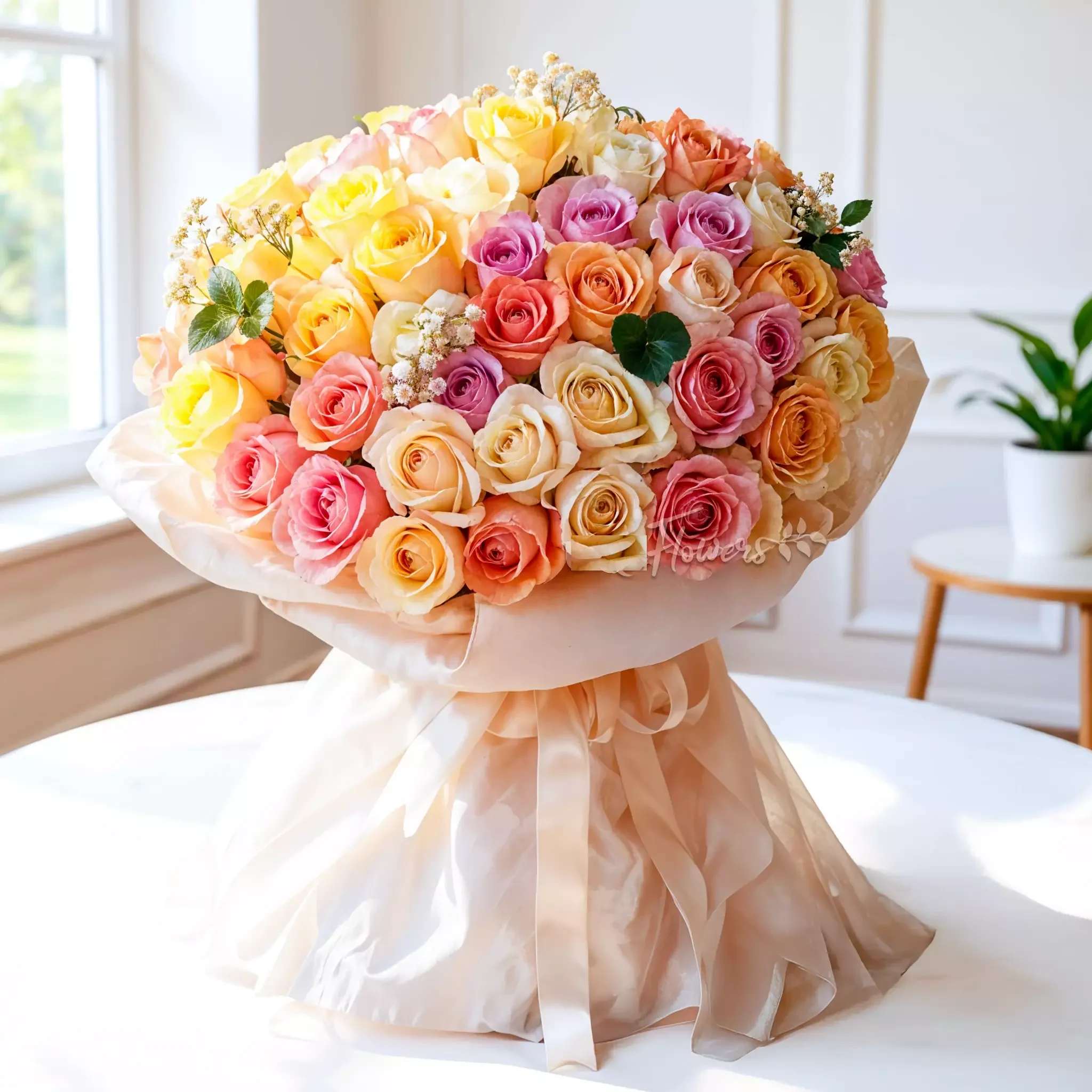 Large bouquet of multicolored roses wrapped in peach paper