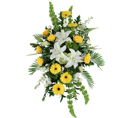        Expressions of Love Standing spray  - Show your love with this beautiful floral display. Lush yellow and white blooms with tropical greenery display your love and compassion. 