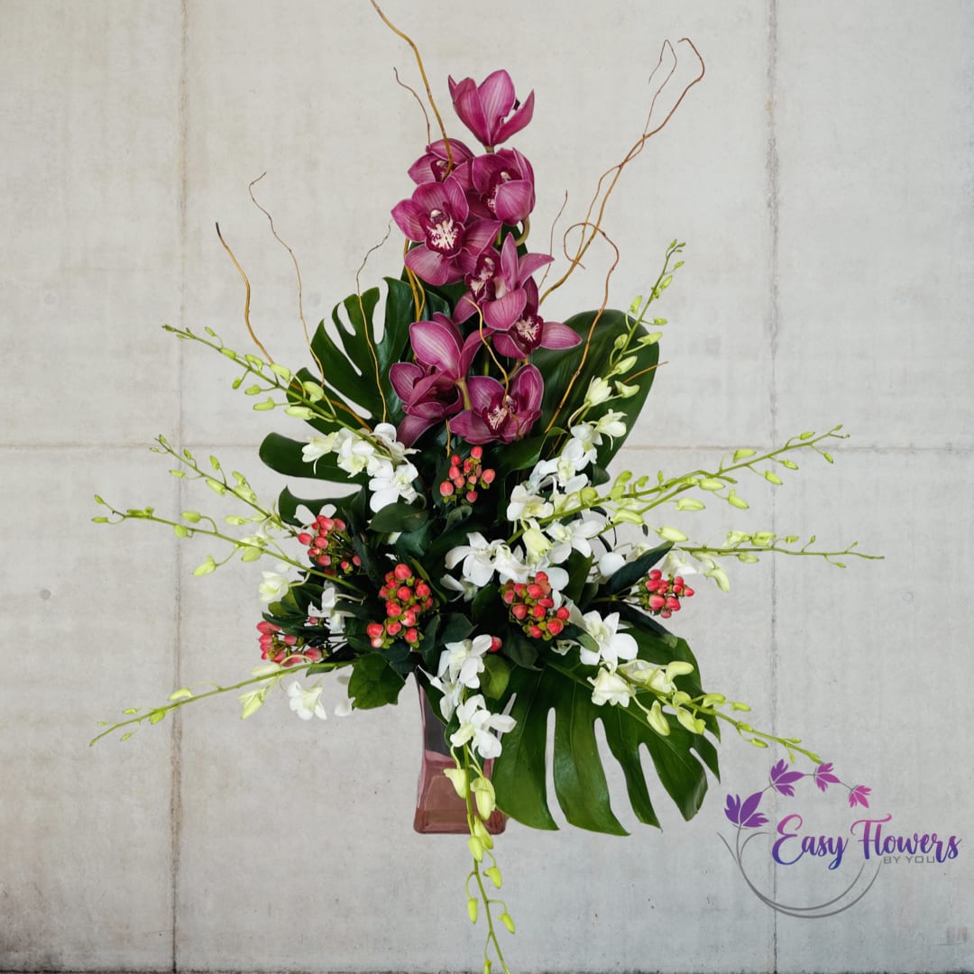 Luxurious Orchids - Elevate your gift-giving game with our stunning tall orchid arrangement, featuring cymbidium and dendrobium orchids with delicate filler, all nestled in a tinted glass vase. The addition of curly willow creates a captivating effect that is sure to catch her attention. Treat her to a luxurious and unforgettable experience with this one-of-a-kind bouquet.