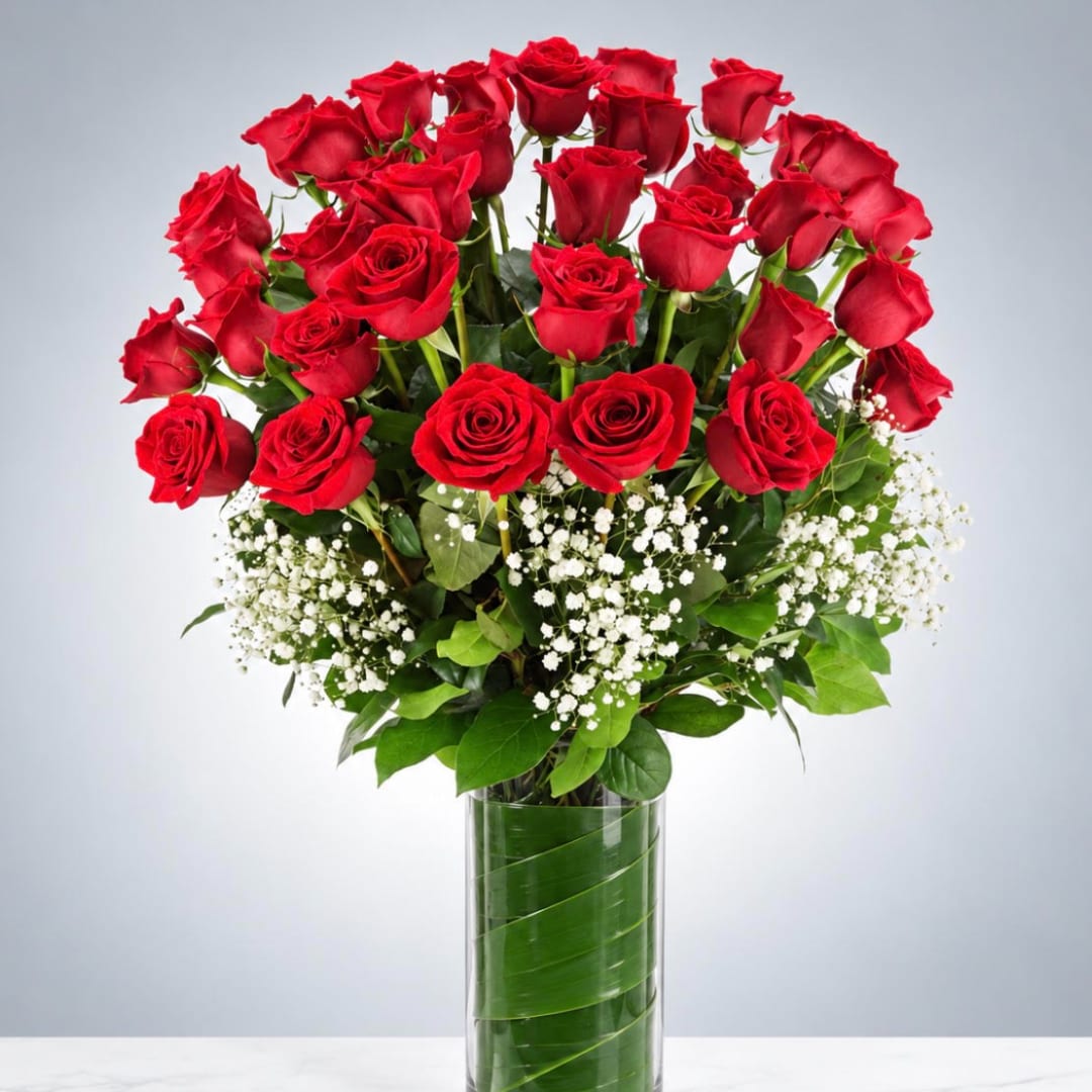 Red roses in a clear glass vase with white baby's breath