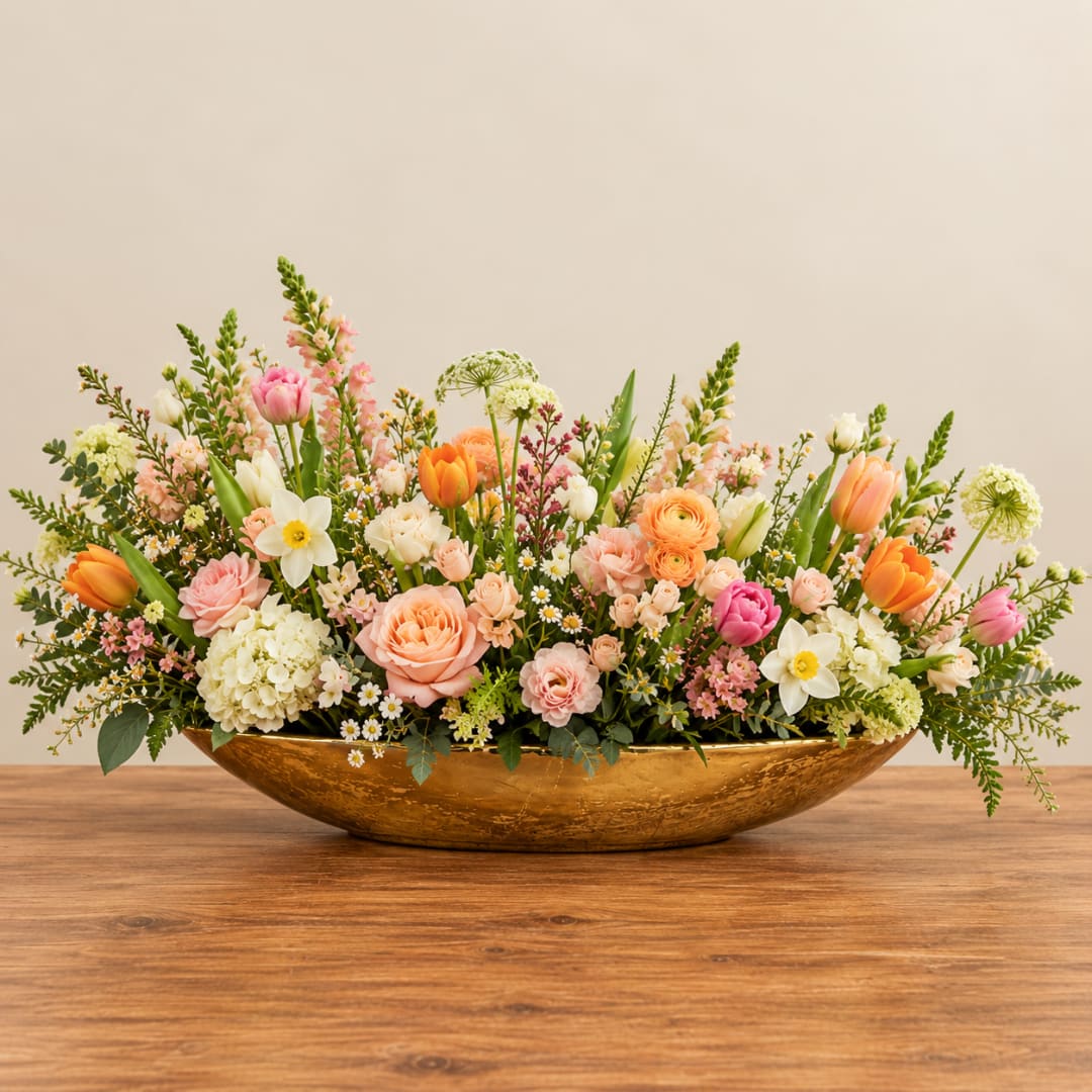 Low floral centerpiece in a gold bowl with pink, peach, white, and orange blooms