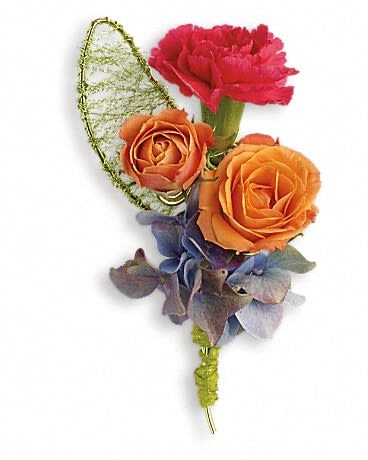Boutonniere with orange roses, a pink carnation, and blue hydrangea