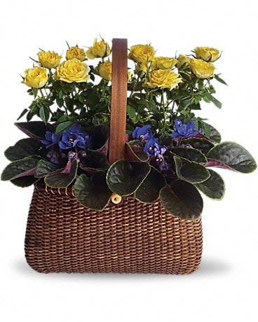 Yellow roses and purple violets in a woven basket