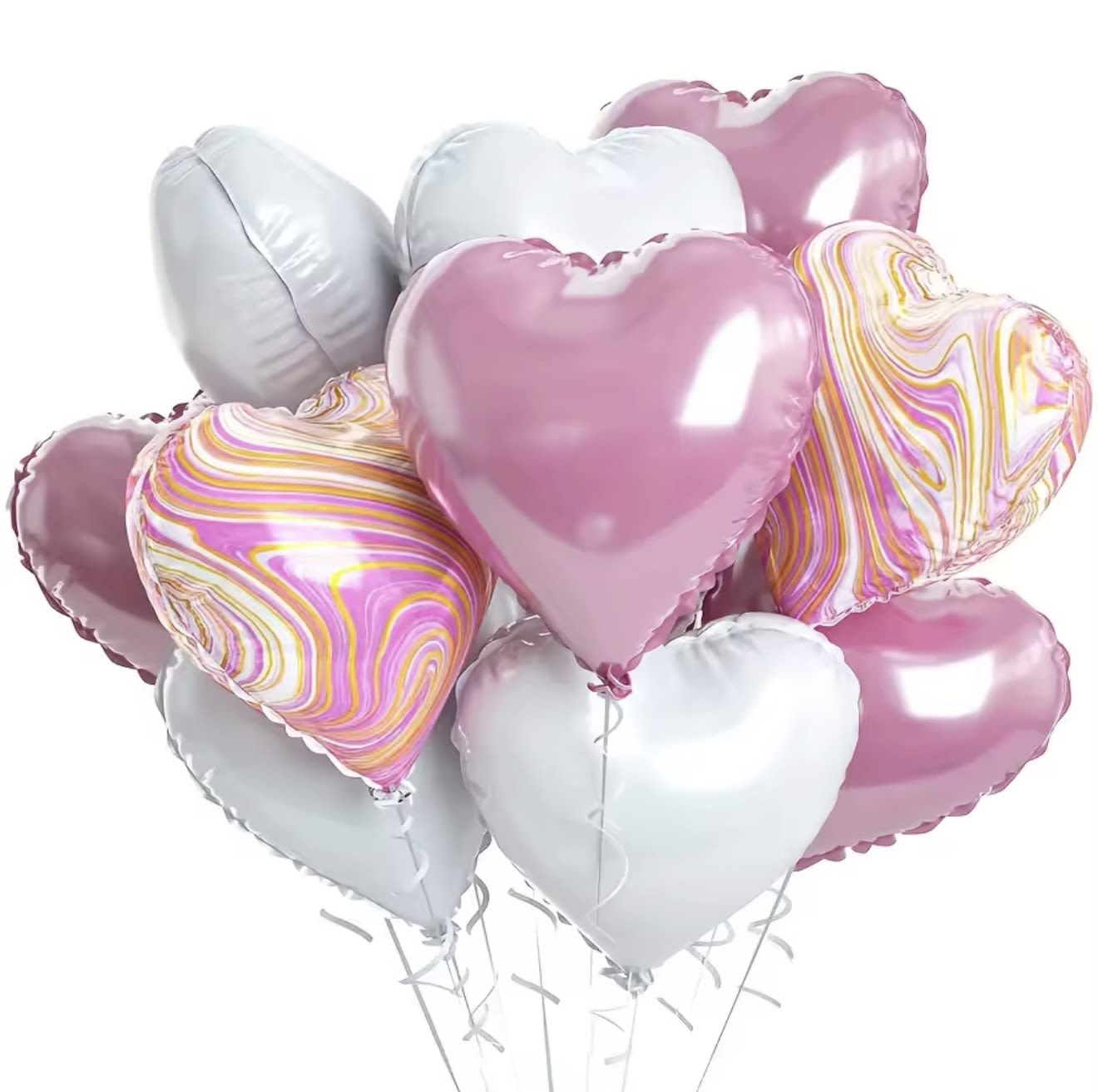 Cluster of heart-shaped pink, white, and marbled balloons
