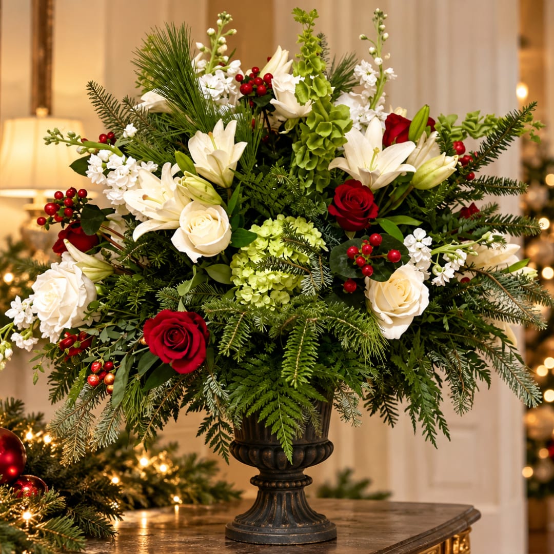 Holiday floral arrangement with white lilies, red roses, and evergreen in a dark urn
