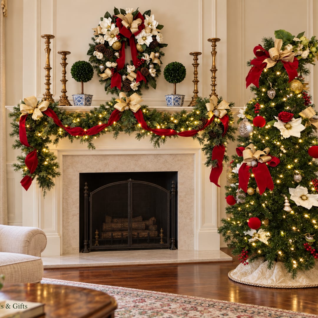 Christmas mantel and tree decorated with red and gold bows and white flowers