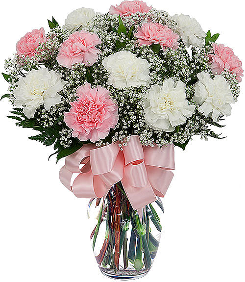 Pink and white carnations in a glass vase with a pink ribbon