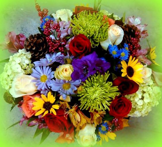 Mixed bouquet with roses, daisies, and chrysanthemums