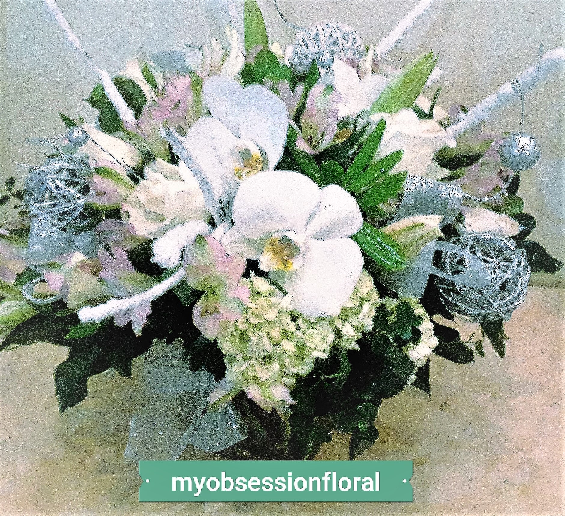Elegant Blooms by My Obsession. - Roses, hydrangea, and orchids, arranged low in clear glass cube vase. This delicate looking arrangement is simple and yet so elegant!  