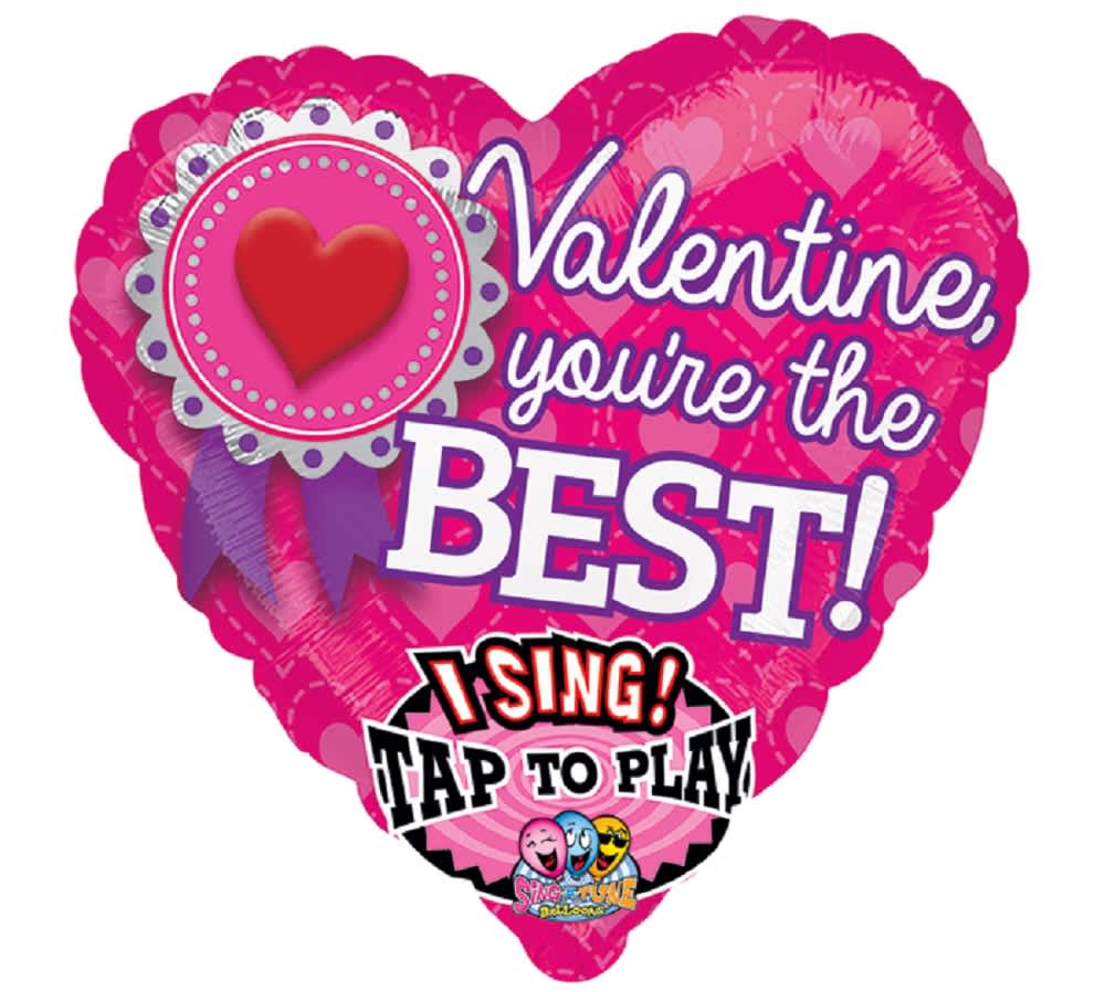 Pink heart-shaped Valentine balloon with text and a red heart graphic