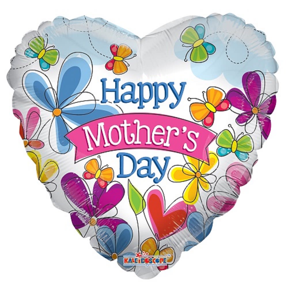Heart-shaped Mother's Day balloon with colorful butterflies