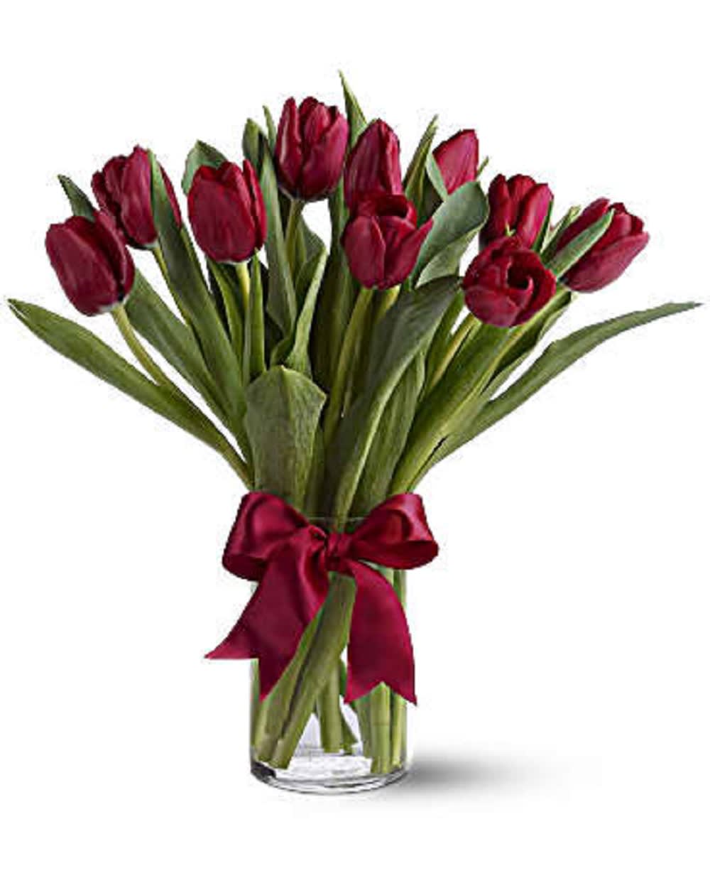Bouquet of red tulips in a clear glass vase with a red ribbon