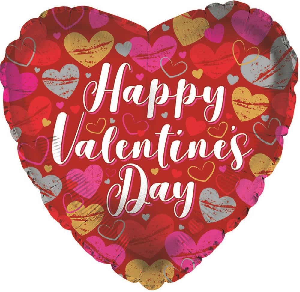 Heart-shaped balloon with "Happy Valentine's Day" text and heart patterns