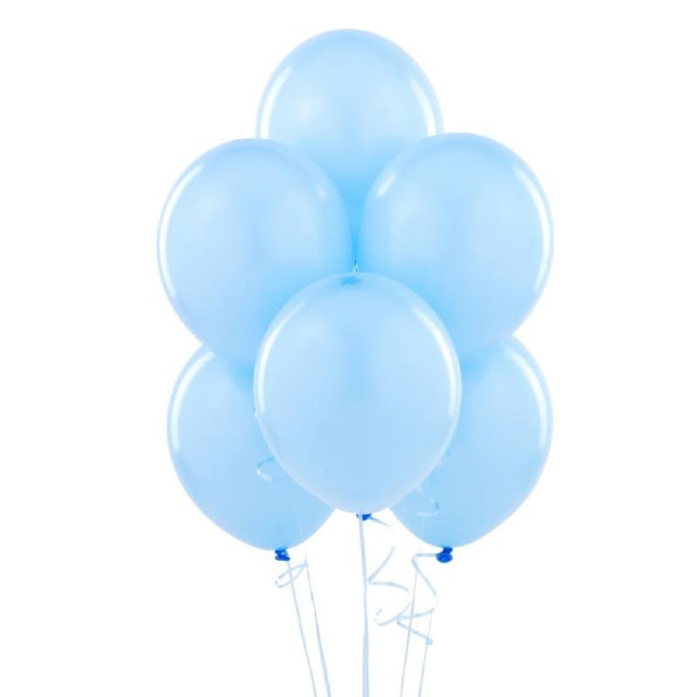 Cluster of light blue balloons on white strings