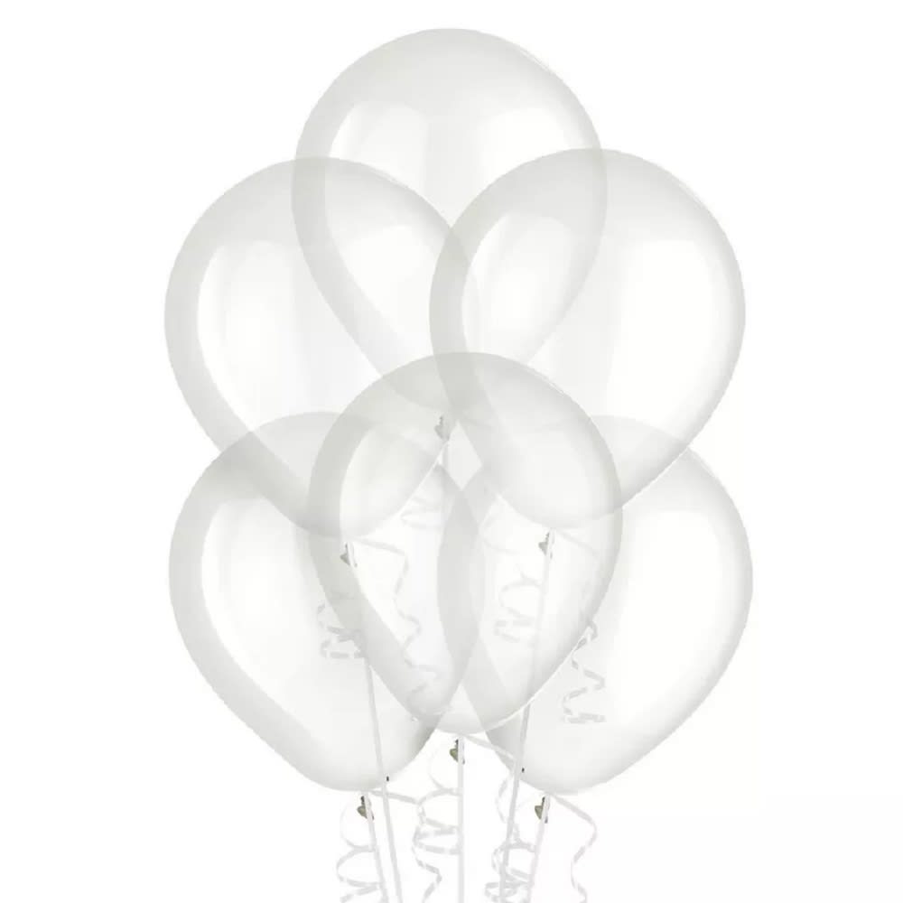 Cluster of translucent white balloons with curling ribbons