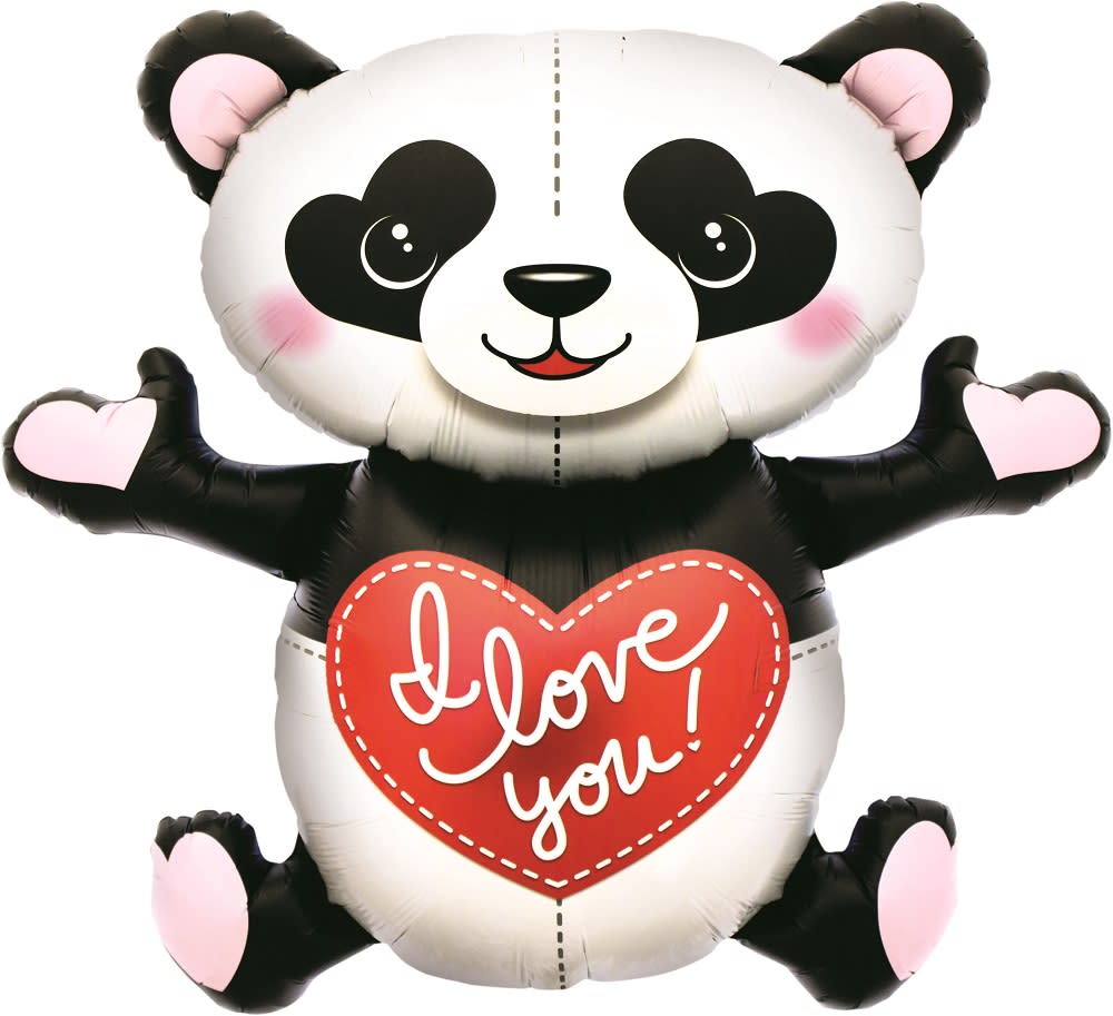 Panda-shaped balloon holding a heart that says I love you