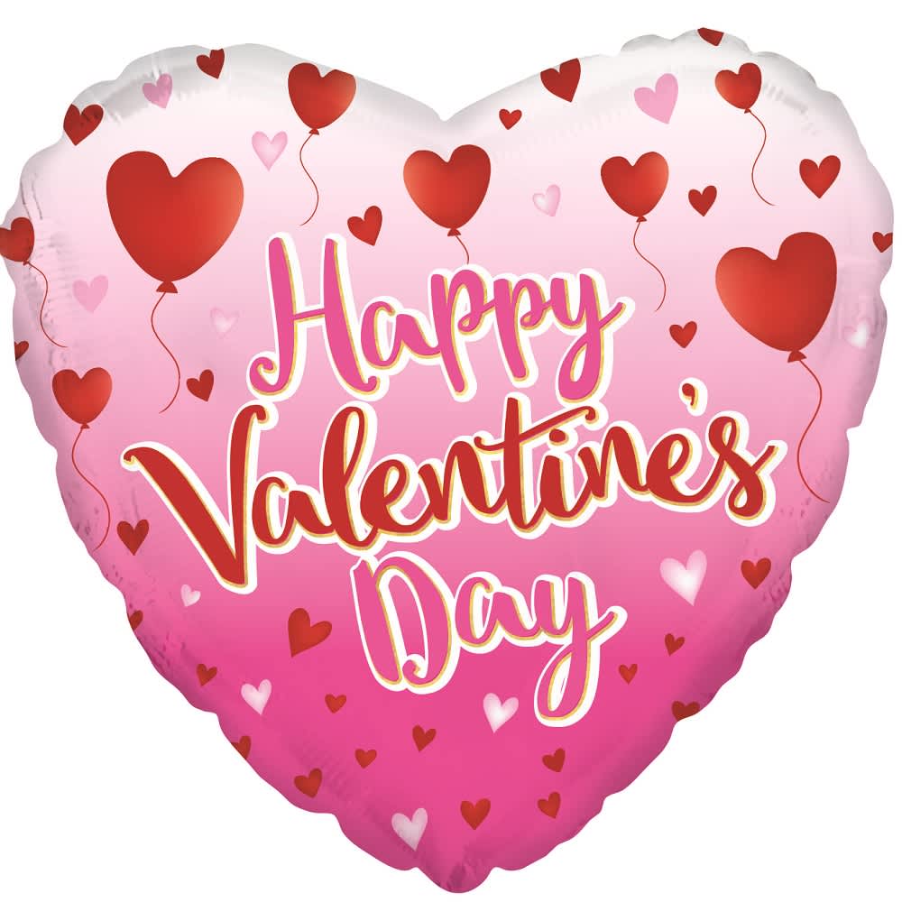 Heart-shaped pink balloon with "Happy Valentines Day" text
