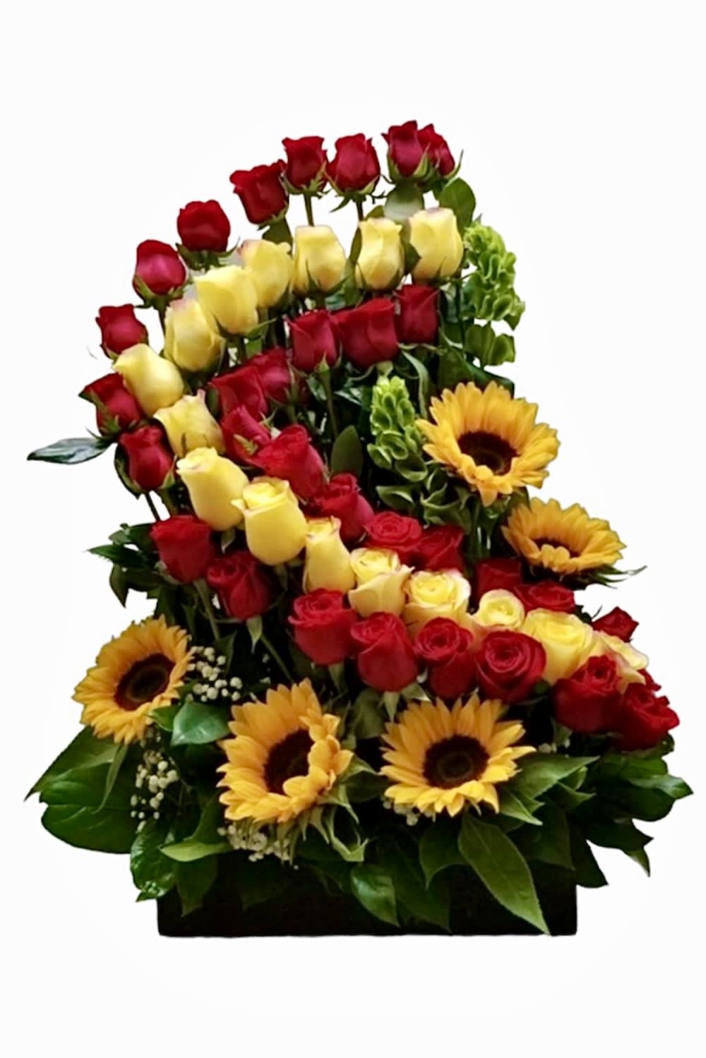 Tiered bouquet of red and yellow roses with sunflowers