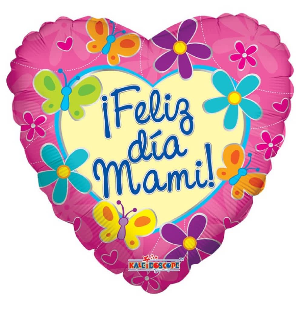 Heart-shaped pink balloon with butterflies and "Feliz dia Mami" text