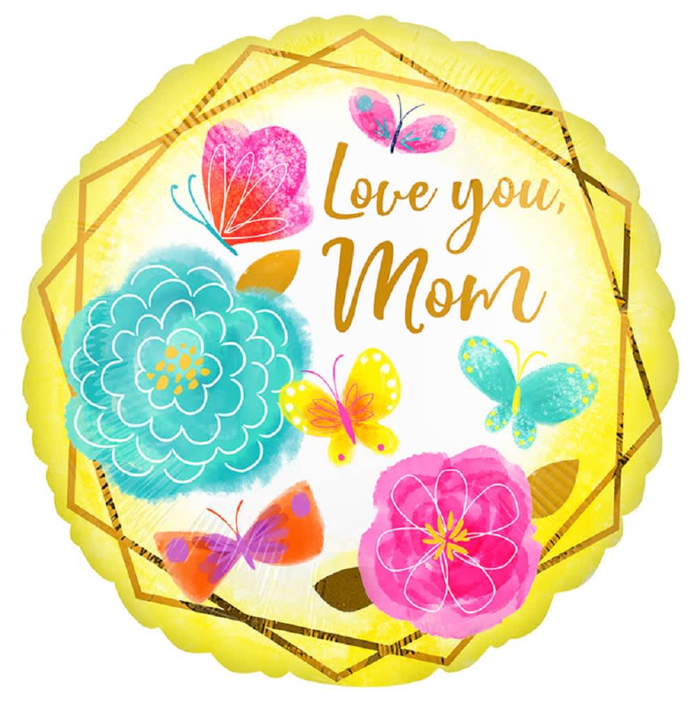 Round yellow balloon with "Love you, Mom" and colorful flowers and butterflies
